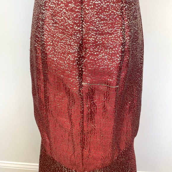 Monique Lhuillier Metallic Cut Out High Low Gown In Maroon Gold Size 10 - Picture 11 of 16